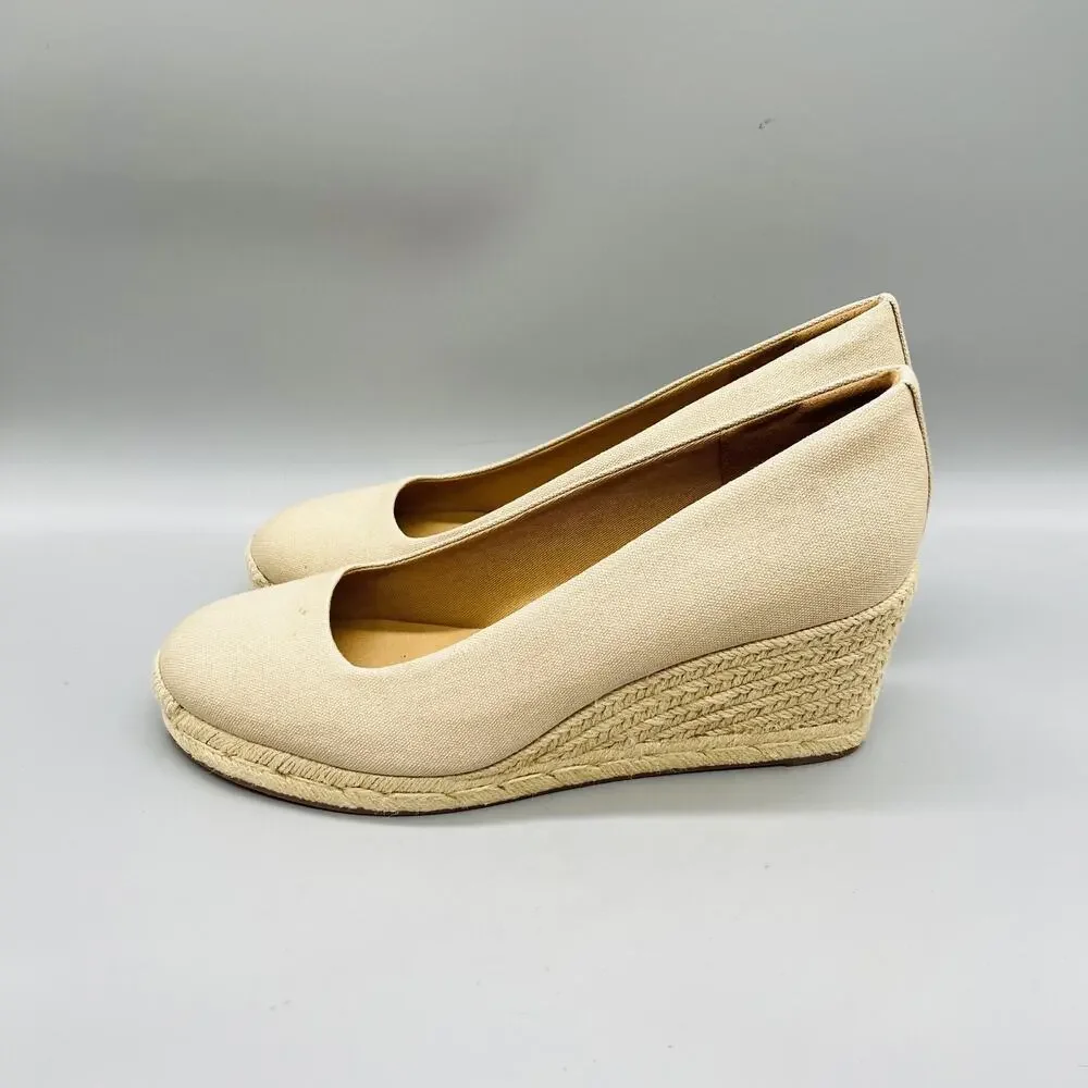 J Crew Shoes Womens 10 Beige Cotton Espadrille Wedge Heels Round Toe Slip On